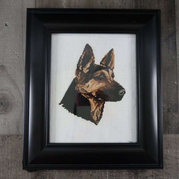 German Shepherd Dog Vintage Framed Needlepoint Cross Stitch Handmade Decor - Picture 2 of 4
